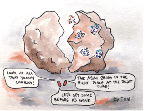 a watercolor painting of microbes in the soil.