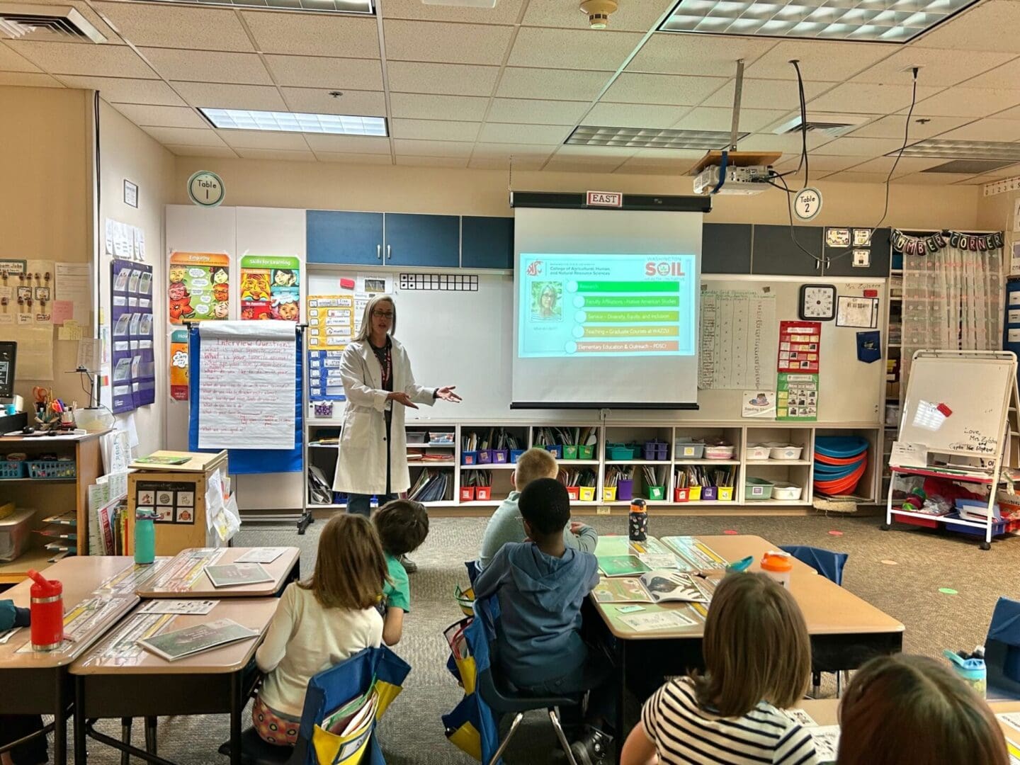 A professor in a children's classroom talking about soil.