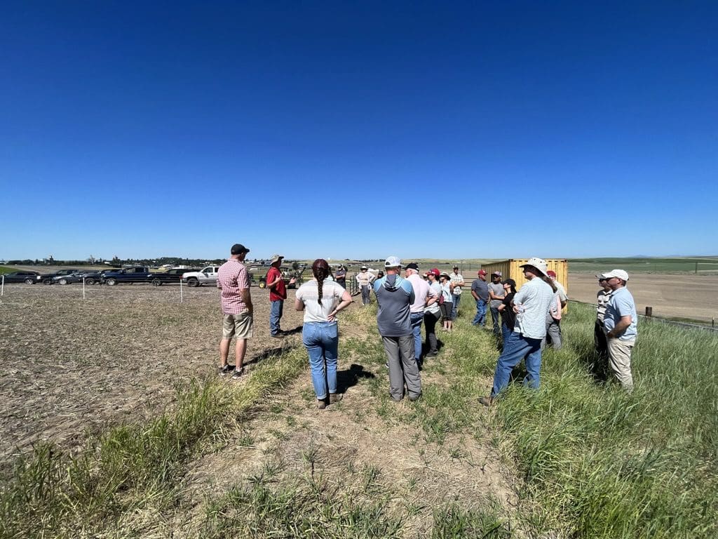 A group of people standing on a dirt field.