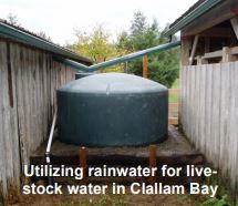 A large round rainwater collection tank beside a wooden shelter, used for livestock watering in clallam bay.