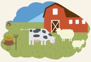 Illustration of a farm scene featuring a red barn, a cow, several sheep, a scarecrow, and a blue sky in the background.