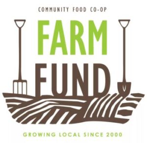 Logo of community food co-op's farm fund featuring text, a stylized pitchfork, and plant shoots, with a tagline "growing local since 2000" in shades of green and brown.