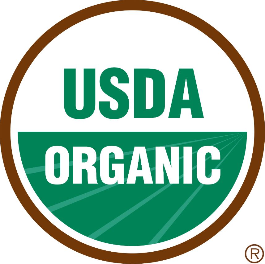 The usda organic seal featuring "usda" in white text over a green banner that reads "organic," enclosed in a brown circle.