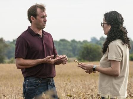 Two people discussing in a cornfield, one holding an ear of corn and gesturing towards it.