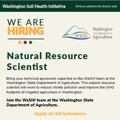 Advertisement for a natural resource scientist job at the washington soil health initiative, mentioning job requirements and a link to apply.