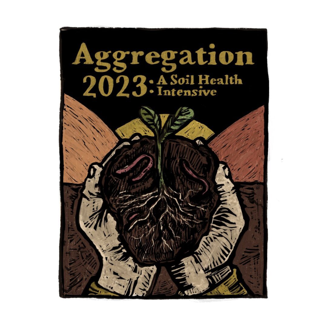 Aggregation 2023 Logo Illustration of two hands cradling a split earth with a plant sprouting, titled "aggregation 2023: a soil health intensive.