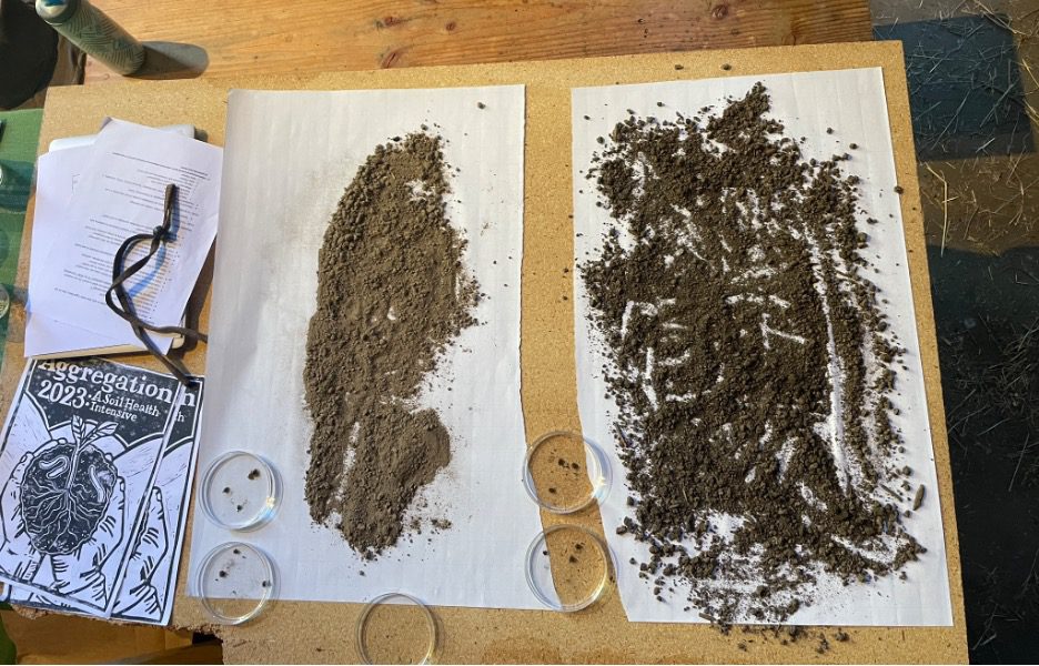 slakes Two wooden boards with soil samples spread out, one with a neat outline and the other messy, accompanied by a clipboard, glasses, and a pamphlet titled "aggregation.