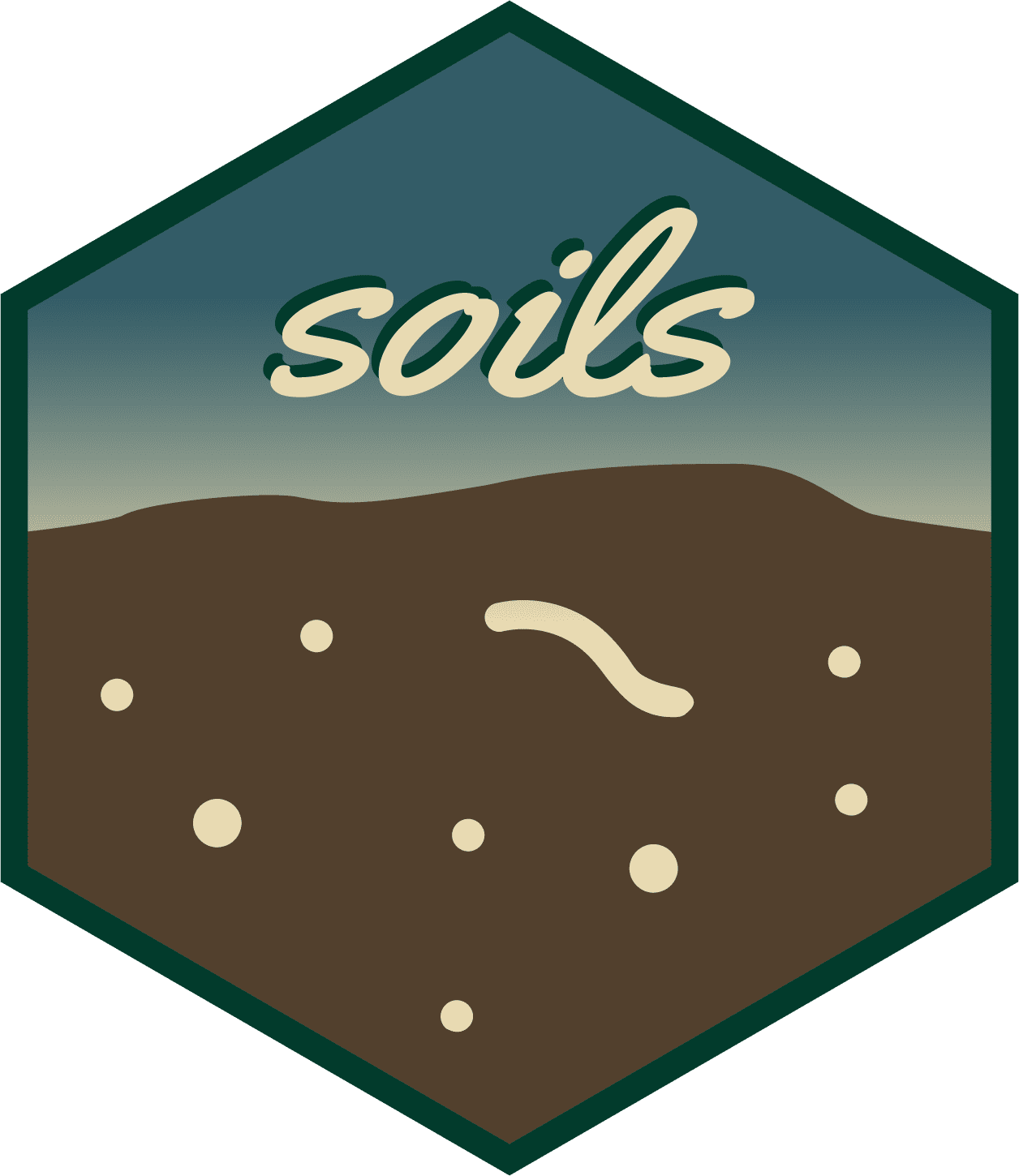 Hexagonal logo with a green background, featuring a stylized image of brown soil and white particles, topped with the word "soils" in cream script.