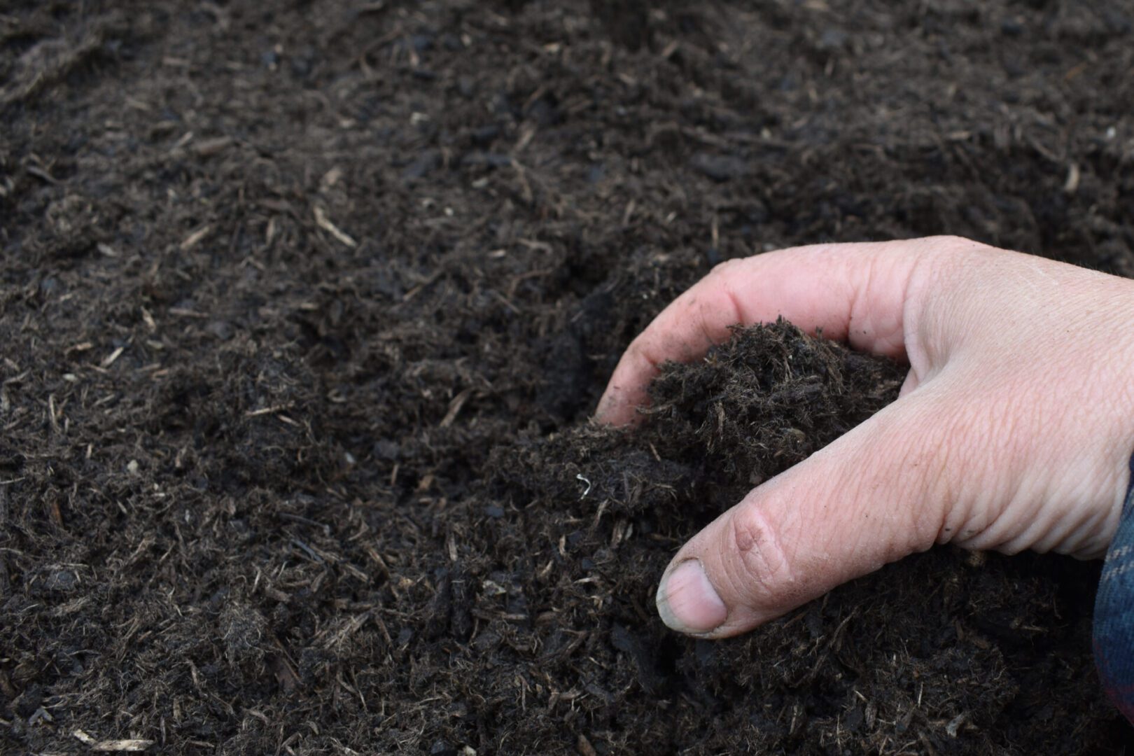 a hand digging in a pile of biochar.