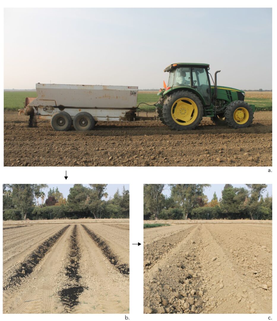 three photos; two fields and one tractor.