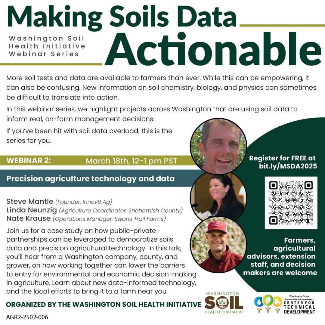 A promotional flyer for the Washington Soil Health Initiative webinar series titled “Making Soils Data Actionable.” The flyer includes a green and white design with bold text. It announces Webinar 2: March 18th, 12–1 pm PST on “Precision agriculture technology and data.” Speaker names listed are Steve Mantle (Founder, Innov8 Ag), Linda Neunzig (Agriculture Coordinator, Snohomish County), and Nate Krause (Operations Manager, Swans Trail Farms). The description explains the session will cover public-private partnerships, democratizing soil data, and reducing barriers to adopting precision agriculture technology. On the right side, there is a QR code for registration and text stating “Farmers, agricultural advisors, extension staff, and decision makers are welcome.” Three circular photos of individuals are shown vertically. At the bottom, logos for the Washington Soil Health Initiative and the Center for Technical Development appear.