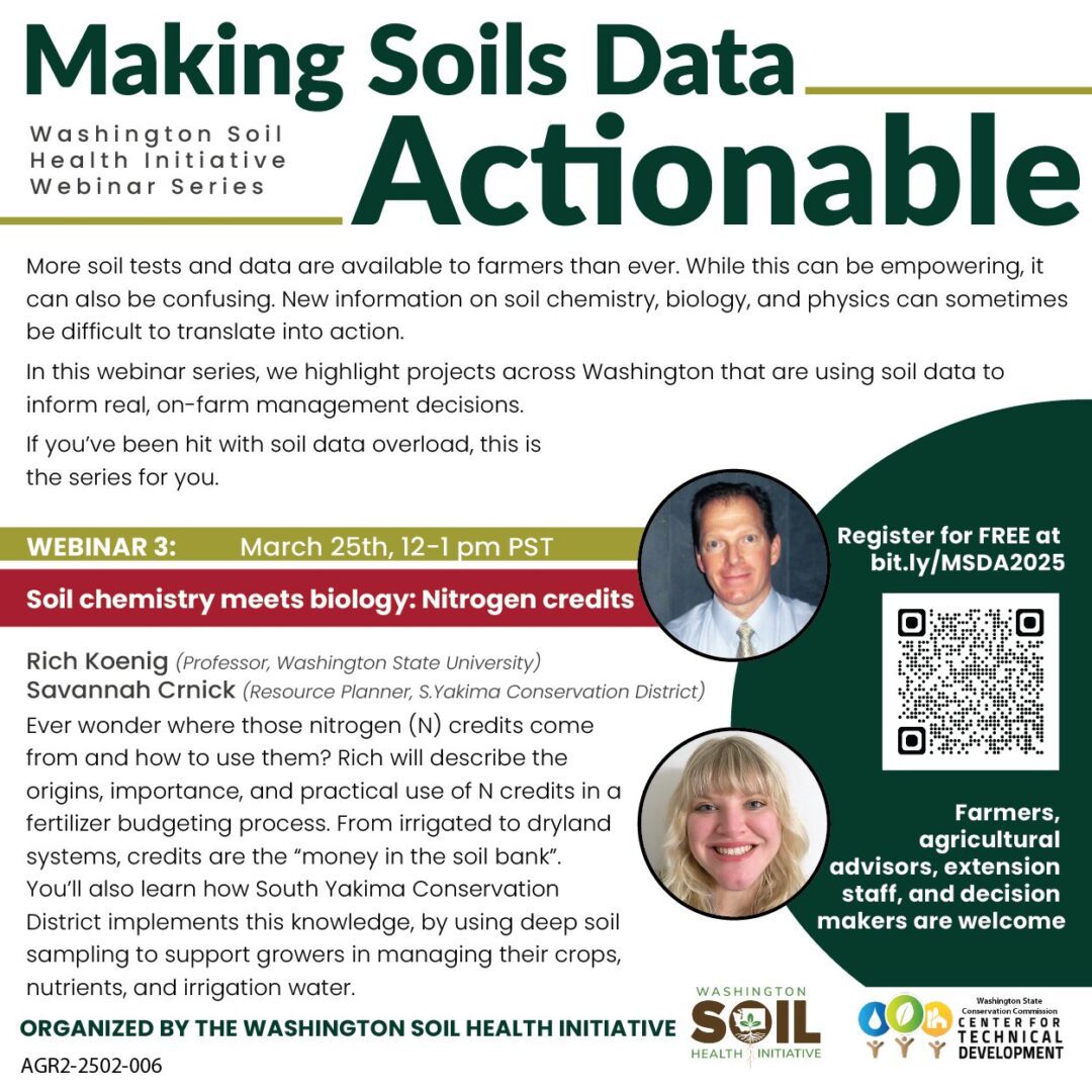 A webinar flyer titled “Making Soils Data Actionable” for the Washington Soil Health Initiative Webinar Series. The design features a green and white color scheme with bold text. It announces Webinar 3: March 25th, 12–1 pm PST on Soil chemistry meets biology: Nitrogen credits. Speakers listed are Rich Koenig (Professor, Washington State University) and Savannah Crnick (Resource Planner, S. Yakima Conservation District). The description explains the session will cover the origins, importance, and practical use of nitrogen credits in fertilizer budgeting, from irrigated to dryland systems, and how conservation districts implement this knowledge. On the right side, there is a QR code for registration and text stating “Farmers, agricultural advisors, extension staff, and decision makers are welcome.” Two circular images of individuals are shown vertically. At the bottom, logos for the Washington Soil Health Initiative and the Center for Technical Development appear.