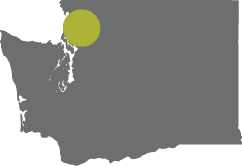 A grey map of Washington state with a green dot on Mount Vernon, Washington.