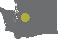 A grey map of Washington state with a green dot over Wenatchee, Washington.
