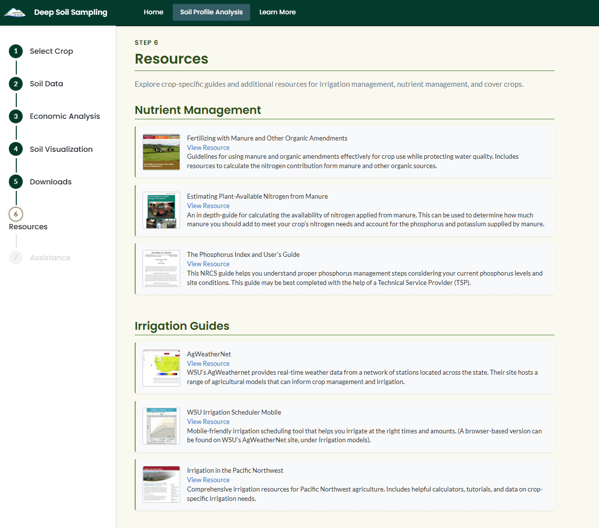 Webpage titled ‘Resources’ within the Deep Soil Sampling tool. The left sidebar shows steps in the workflow: Select Crop, Soil Data, Economic Analysis, Soil Visualization, Downloads, Resources, and Assistance. The main content lists resource categories. Under ‘Nutrient Management,’ there are three resources: Fertilizing with Manure and Other Organic Amendments, Estimating Plant-Available Nitrogen from Manure, and The Phosphorus Index and User’s Guide, each with a small thumbnail image, title, ‘View Resource’ link, and brief description. Below, the ‘Irrigation Guides’ section includes three resources: AgWeatherNet, WSU Irrigation Scheduler Mobile, and Irrigation in the Pacific Northwest, each with thumbnails, links, and short descriptions.