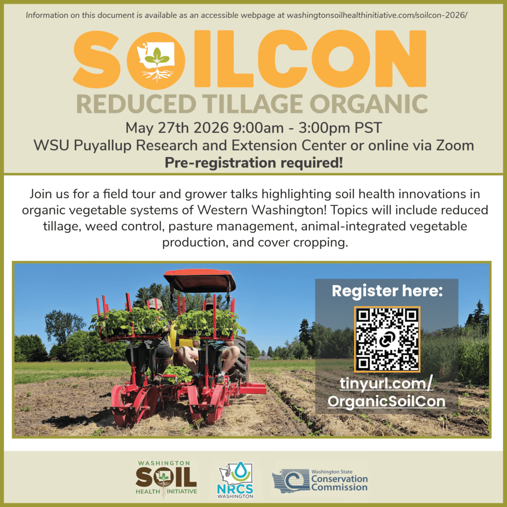 Flyer titled “SOILCON: Reduced Tillage Organic.” Event on May 27, 2026, from 9:00 a.m. to 3:00 p.m. PST at the WSU Puyallup Research and Extension Center and online via Zoom. Description invites growers to a field tour and talks on soil health in organic vegetable systems, including residue management, weed control, pasture management, and cover cropping. Center image shows people riding a red tractor planting crops in a field.