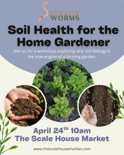 Flyer for a Spokane Worms workshop titled ‘Soil Health for the Home Gardener.’ The design shows leafy green vegetables growing in soil, hands holding rich soil, and hands holding seeds. Text reads: ‘Join us for a workshop exploring why soil biology is the true engine of a thriving garden.’ Event details: April 24th at 10am, The Scale House Market, with website www.thescalehousemarket.com.