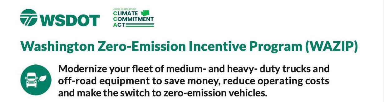 Graphic featuring the Washington State Department of Transportation (WSDOT) logo and a “Funded by Washington’s Climate Commitment Act” badge at the top. Large headline reads “Washington Zero-Emission Incentive Program (WAZIP).” Below, a green circular icon shows a truck with a small leaf symbol, indicating sustainability. Supporting text states: “Modernize your fleet of medium- and heavy-duty trucks and off-road equipment to save money, reduce operating costs and make the switch to zero-emission vehicles.”