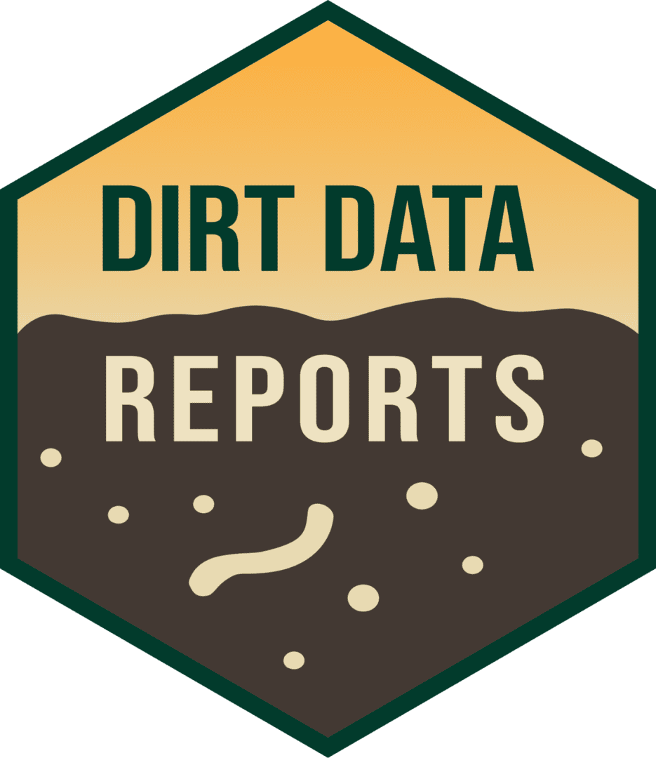 Hexagon-shaped logo with a dark green border. The top half is a golden-yellow background with the words “DIRT DATA” in bold, dark green uppercase letters. The bottom half shows a brown soil cross-section with light-colored circular particles and a simple worm illustration. Across the soil layer, the word “REPORTS” appears in large, light-colored uppercase letters.