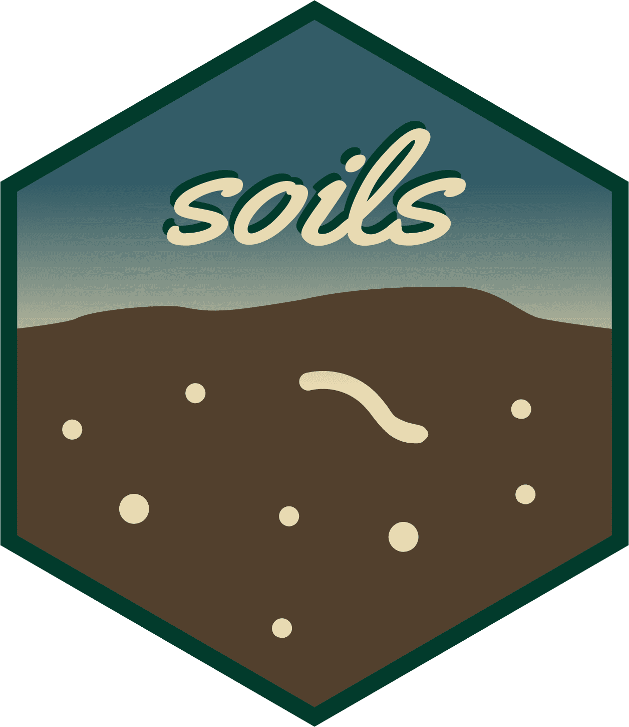 Hexagon-shaped logo with a dark green border. The upper half shows a gradient sky background with the word “soils” in stylized script. The lower half depicts a brown soil cross-section with scattered light-colored particles and a simple worm illustration, suggesting underground soil activity.