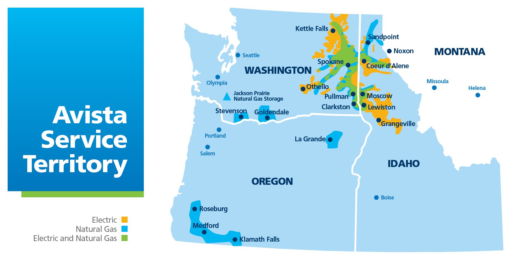 Alt text: Map of Avista’s utility service territory across parts of Washington, Idaho, Oregon, and western Montana. A blue panel on the left reads “Avista Service Territory.” The map uses color coding to show service types: orange for electric service, blue for natural gas service, and green for areas receiving both electric and natural gas service. Service areas are concentrated in eastern Washington and northern Idaho around Spokane, Pullman, Clarkston, Coeur d’Alene, Lewiston, and Moscow, with smaller service areas near Stevenson and Goldendale in Washington and around Roseburg, Medford, Klamath Falls, and La Grande in Oregon. Major cities and towns are labeled, including Seattle, Olympia, Spokane, Coeur d’Alene, Lewiston, Boise, Missoula, and Helena. A symbol marks the Jackson Prairie Natural Gas Storage facility in southwest Washington.