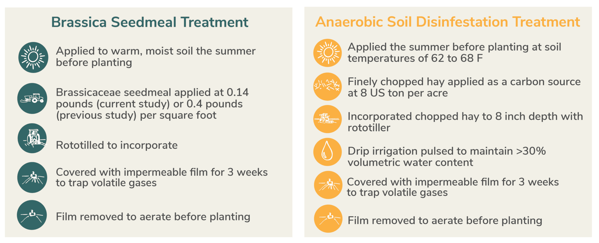 Brassica seedmeal treatment involves applying Brassicaceae seedmeal to warm, moist soil, incorporating it with tillage, covering with impermeable film for three weeks, and aerating before planting. Anaerobic soil disinfestation involves incorporating chopped hay, irrigating to maintain soil moisture, covering with impermeable film for three weeks, and aerating before planting. The graphic emphasizes biological soil treatments as alternatives to fumigation for improving orchard replant success.